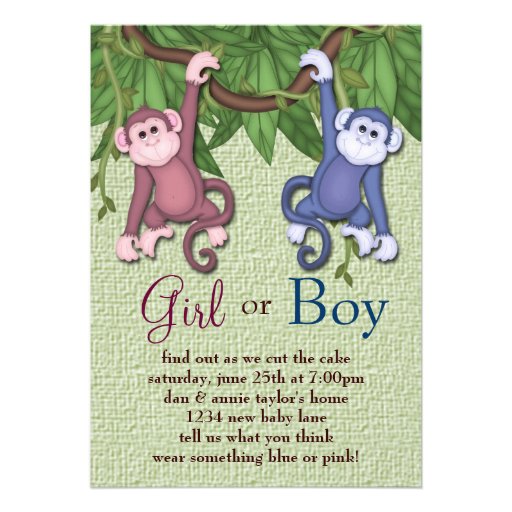 Pink Blue Monkey Gender Reveal Party Invitations