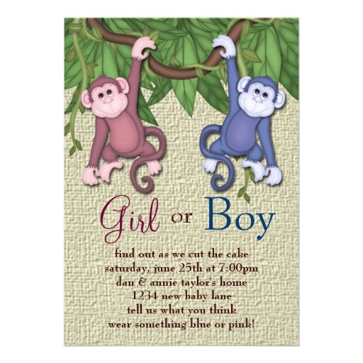 Pink Blue Monkey Gender Reveal Party Invitations (front side)