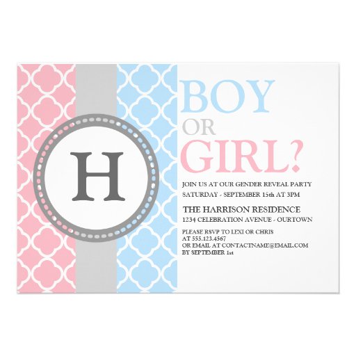 Pink/Blue Monogram Gender Reveal Invitation (front side)