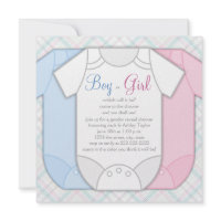 Pink Blue Plaid Onesie Gender Reveal Baby Shower Invitations