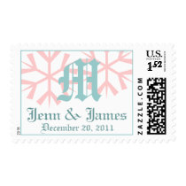 Pink & Blue Snow Monogram Winter Wedding Postage postage