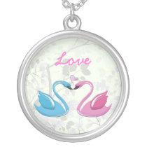 Pink blue swan love heart couple silver necklace necklaces