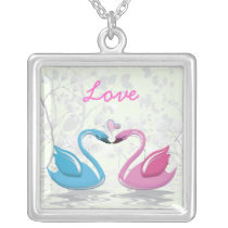 Pink blue swan love heart couple silver necklace necklaces