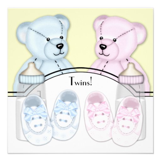 Pink Blue Teddy Bear Twin Baby Shower Invitations