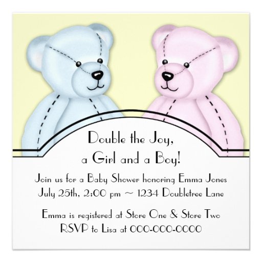Pink Blue Teddy Bear Twin Baby Shower Invitations