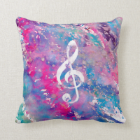 Pink Blue Watercolor Paint Music Note Treble Clef Throw Pillow