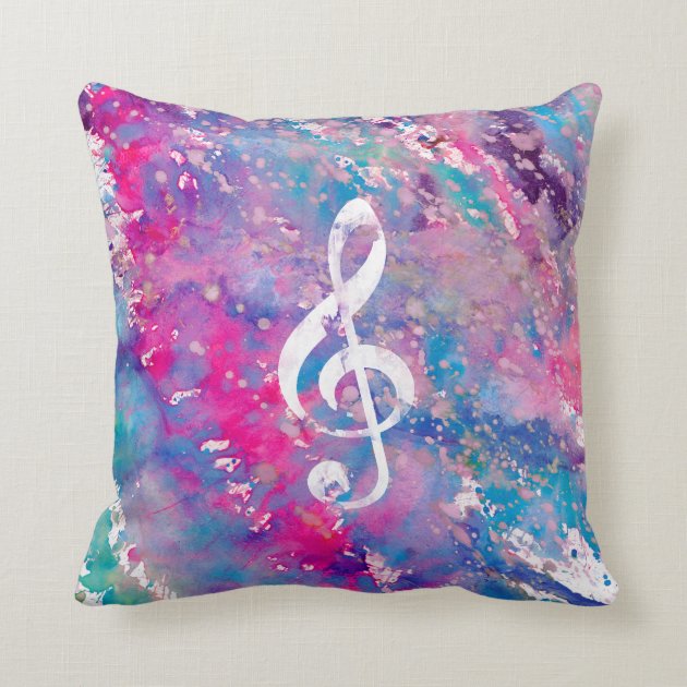 Pink Blue Watercolor Paint Music Note Treble Clef Pillow