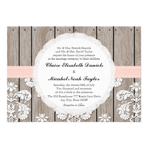 Pink Blush Rustic Wood Lace Wedding Invitations