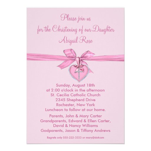 Pink Bow Cross Baby Girl Photo Christening Invitation