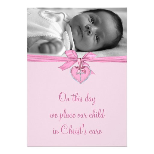 Pink Bow Cross Baby Girl Photo Christening Invitation