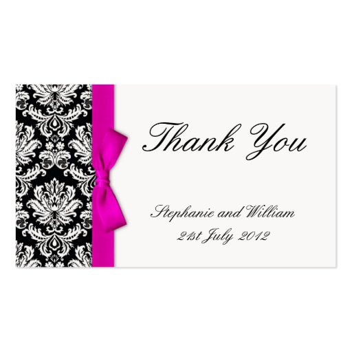 Pink Bow Damask Wedding Thank You Card Business Card (front side)