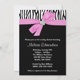 Pink Bow Diamond Heart Zebra Baby Shower Announcement