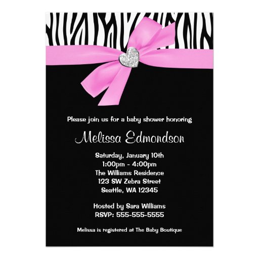 Pink Bow Diamond Heart Zebra Baby Shower Announcement