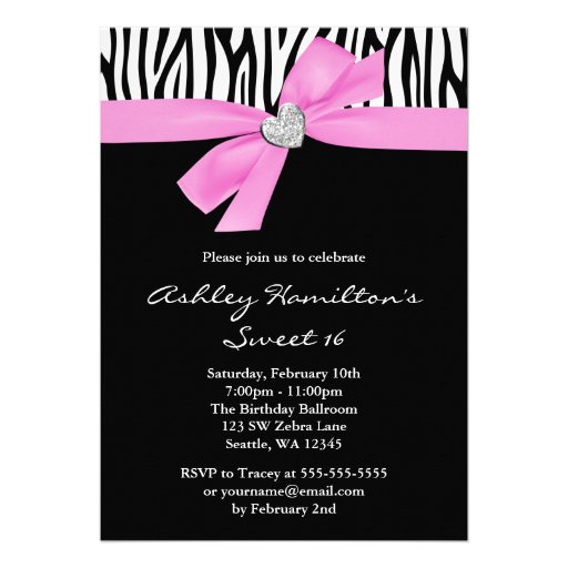Pink Bow Diamond Heart Zebra Sweet 16 Personalized Invitations