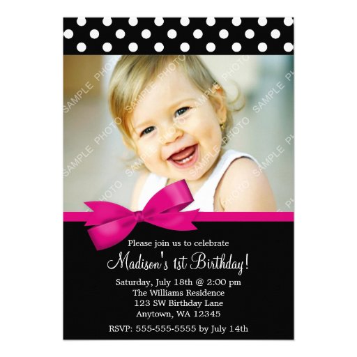 Pink Bow Polka Dots 1st Birthday Girl Photo Announcements