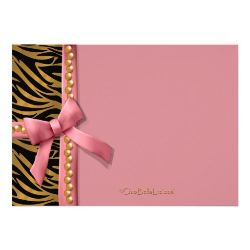 Pink Bow With Gold Pearls And Zebra Stripes Invitation
