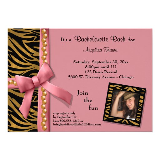 Pink Bow With Gold Pearls And Zebra Stripes Invitation