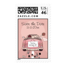Pink Bride and Groom Getaway car - Save the Date stamp
