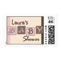 Pink brown and cream polka dot baby shower postage stamp