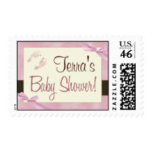 Pink brown and cream ribbon baby shower postage