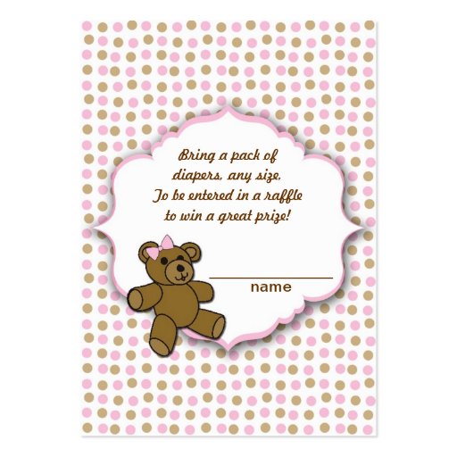 Pink Brown Bear Baby Shower diaper raffle tickets Business Cards (front side)