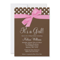 Pink Brown Bow Polka Dot Baby Shower Invitations