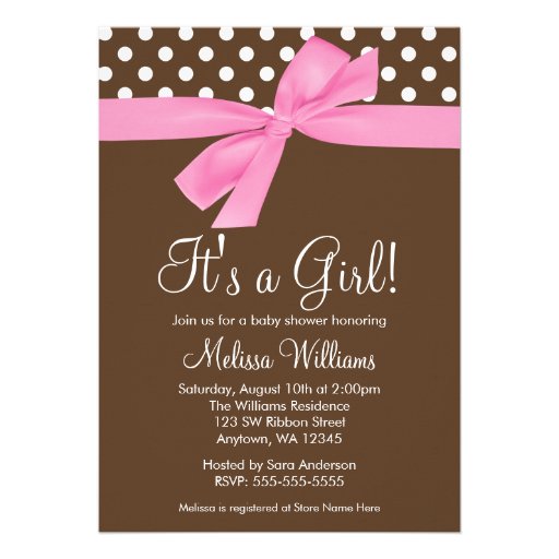 pink and brown baby shower invitation featuring polka dots and a pink ...