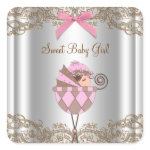 Pink Brown Carriage Baby Shower Label Sticker