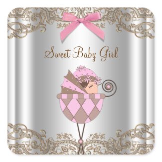 Pink Brown Carriage Baby Shower Label sticker