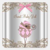 Pink Brown Carriage Baby Shower Label Sticker
