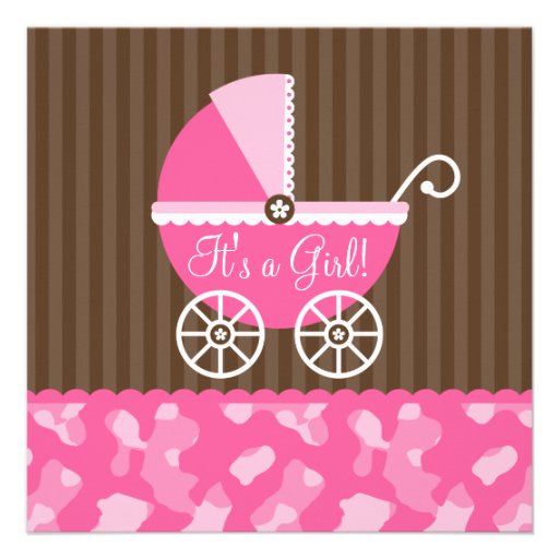 Pink Brown Carriage Camo Girl Baby Shower Invitations