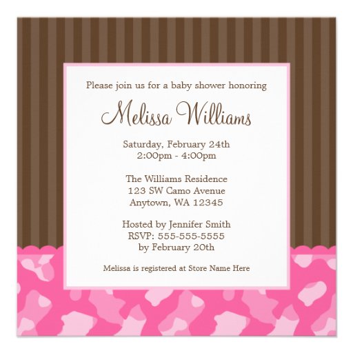 Pink Brown Carriage Camo Girl Baby Shower Invitations