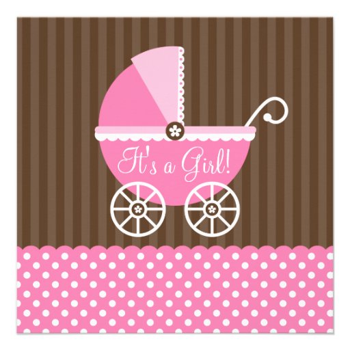 Pink Brown Carriage Dots Girl Baby Shower Custom Invites