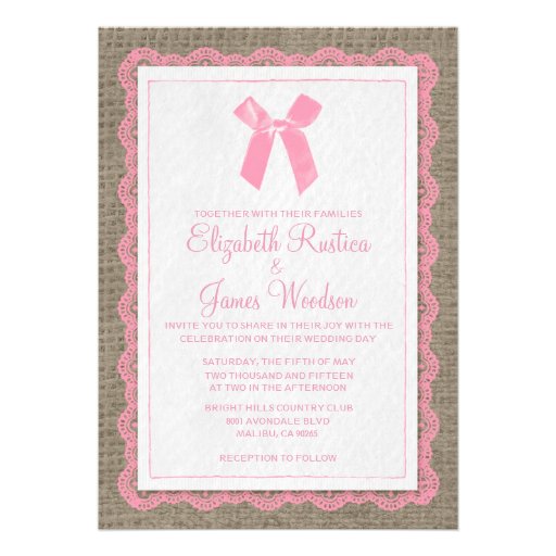 Pink & Brown Country Burlap Wedding Invitations