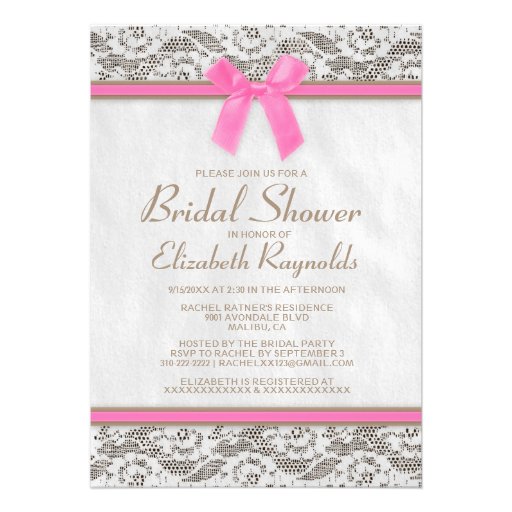 Pink Brown Country Lace Bridal Shower Invitations