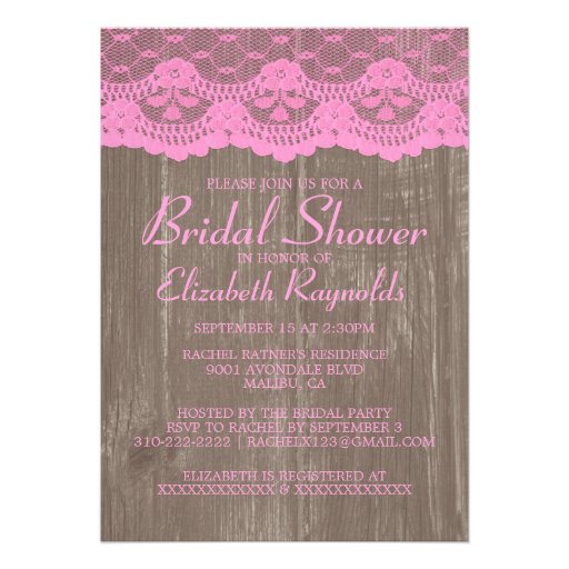 Pink Brown Country Lace Bridal Shower Invitations