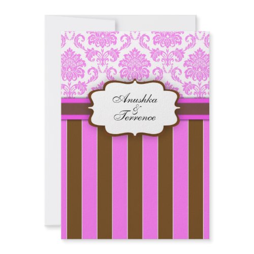 Pink Brown Damask and Stripes Wedding Invitation invitation