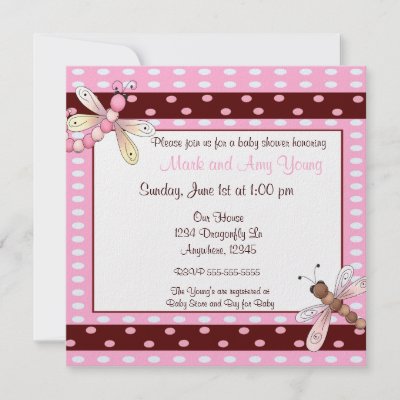 Baby Shower Invitations Brown  Pink on Pink And Brown Dot Dragonfly Personalized Baby Shower Invitation