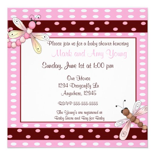 Pink brown dot dragonfly baby shower invitation
