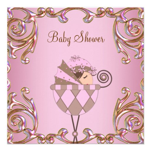 Pink Brown Gold Lace Girl Baby Shower Invitations