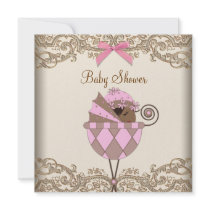 Pink Brown Lace African American Baby Girl Shower Custom Invite