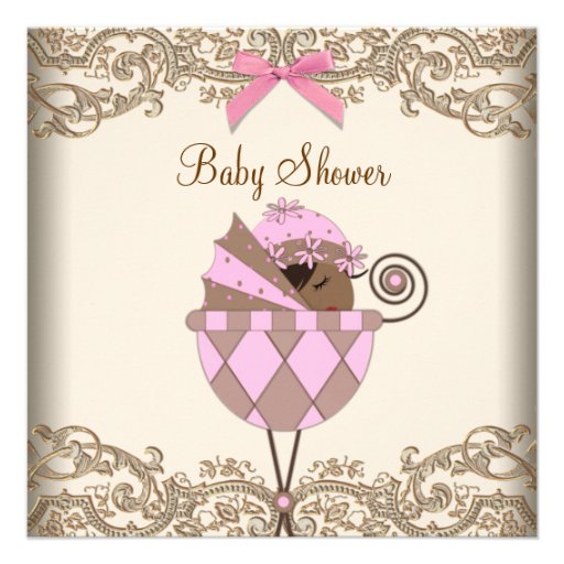 Pink Brown Lace African American Baby Girl Shower Custom Invite