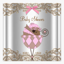 Pink Brown Lace African American Baby Girl Shower invitations