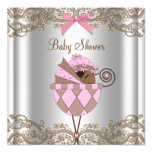 Pink Brown Lace African American Baby Girl Shower Announcements