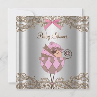 Pink Brown Lace Girl Baby Shower Invite