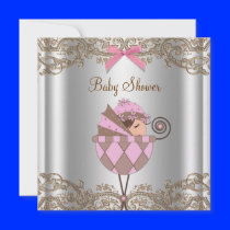 Pink Brown Lace Girl Baby Shower Invite