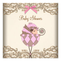 Pink Brown Lace Girl Baby Shower Personalized Announcement