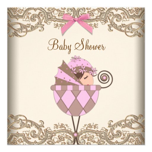 Pink Brown Lace Girl Baby Shower Personalized Announcement