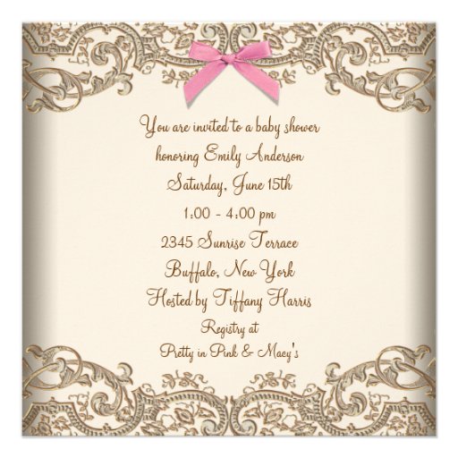 Pink Brown Lace Girl Baby Shower Personalized Announcement