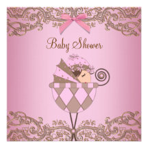 Pink Brown Lace Girl Baby Shower Invitations